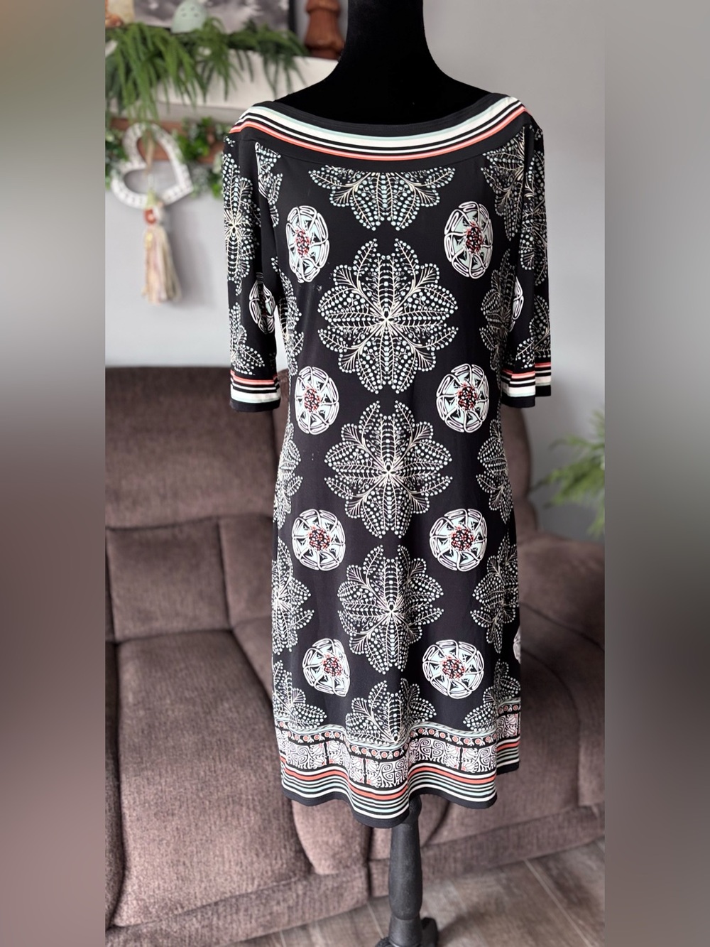 Max Edition Navy blue Midi Dress with White Medallion Print and coral Trim